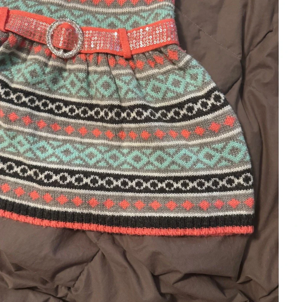 Little Lass Girls Fair Isle Sweater Dress Grey Teal Coral Sequin Belt Size 6
